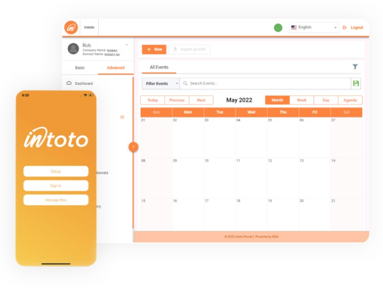 Image of the Intoto calendar dashboard and the intoto app sign up screen to show how simple this infrastructure platform is.